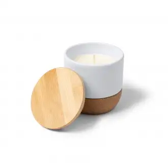 Silken - Aromatyczna świeca z ceramiczną miską, podstawą z korka i bambusową pokrywką. Wosk roślinny o aromacie wanilii.