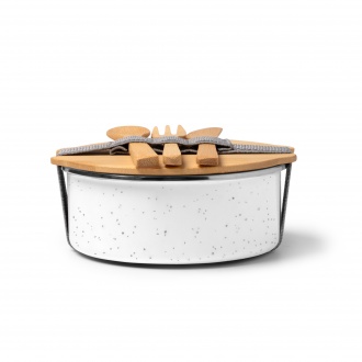 Evelin - Ceramic coated metal lunch box with bamboo lid and elastic strap, bamboo cutlery included.