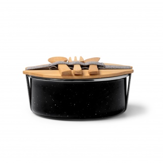 Evelin - Ceramic coated metal lunch box with bamboo lid and elastic strap, bamboo cutlery included.