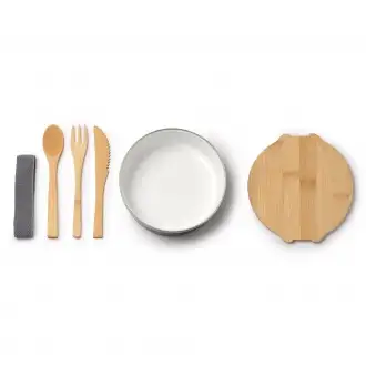 Evelin - Metalowe pudełko na lunch pokryte warstwą ceramiczną z bambusową pokrywką i elastycznym paskiem, bambusowe sztućce w zestawie.
