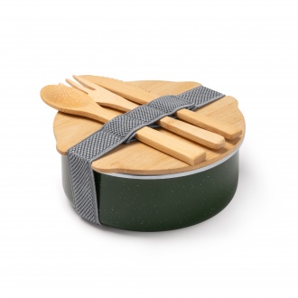 Evelin - Ceramic coated metal lunch box with bamboo lid and elastic strap, bamboo cutlery included.