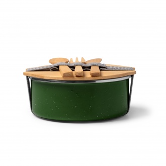 Evelin - Ceramic coated metal lunch box with bamboo lid and elastic strap, bamboo cutlery included.