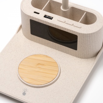  Payton - Multifunctional charging lamp made of wheat fiber and bamboo. Function of lamp, wireless charger, clock with alarm.