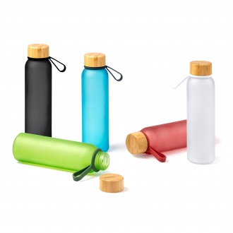 Voznan - Translucent bottle made of recycled glass with bamboo cap and carrying handle, 500ml.