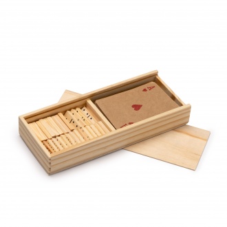 Ludus - 2 sets of games, a deck of cards made from recycled cardboard and wooden domino dice, packaged in a wooden box.