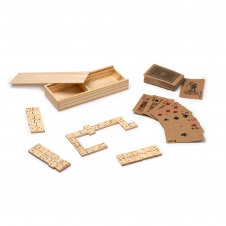 Ludus - 2 sets of games, a deck of cards made from recycled cardboard and wooden domino dice, packaged in a wooden box.