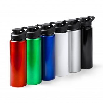 Raiden - Recycled aluminum bottle with metallic finish. Equipped with a safety cap and a practical carrying handle.
