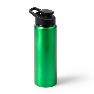 Raiden - Recycled aluminum bottle with metallic finish. Equipped with a safety cap and a practical carrying handle.