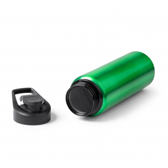 Raiden - Recycled aluminum bottle with metallic finish. Equipped with a safety cap and a practical carrying handle.