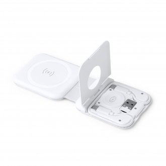 LAREDO - Składana ładowarka bezprzewodowa do smartfonów, słuchawek bezprzewodowych i smartwatchy z kablem w zestawie.