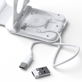 LAREDO - Składana ładowarka bezprzewodowa do smartfonów, słuchawek bezprzewodowych i smartwatchy z kablem w zestawie.