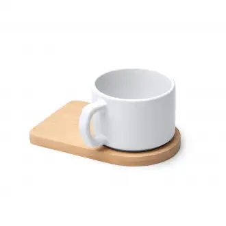 GEISA - Matowy kubek ceramiczny (180ml) z bambusową podstawką, przeznaczony do sublimacji
