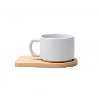 GEISA - Matowy kubek ceramiczny (180ml) z bambusową podstawką, przeznaczony do sublimacji