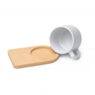 GEISA - Matowy kubek ceramiczny (180ml) z bambusową podstawką, przeznaczony do sublimacji