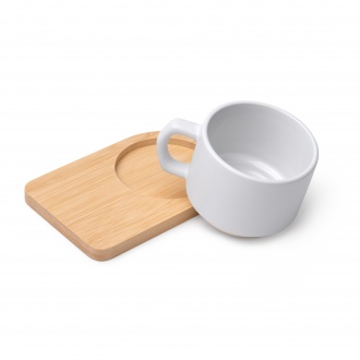 GEISA - Matowy kubek ceramiczny (180ml) z bambusową podstawką, przeznaczony do sublimacji